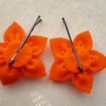 Orange Felt Flower, Hair Pins - Set Of 2