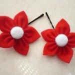 Red Felt Flower, Hair Pins - Set Of 2