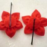 Red Felt Flower, Hair Pins - Set Of 2