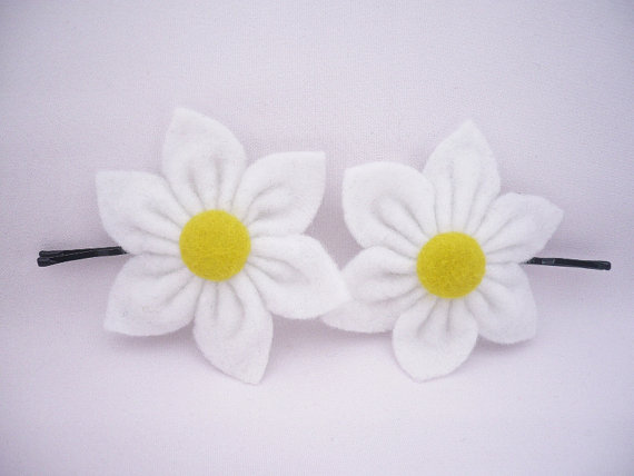 White Felt Flower, Hair Pins - Set Of 2